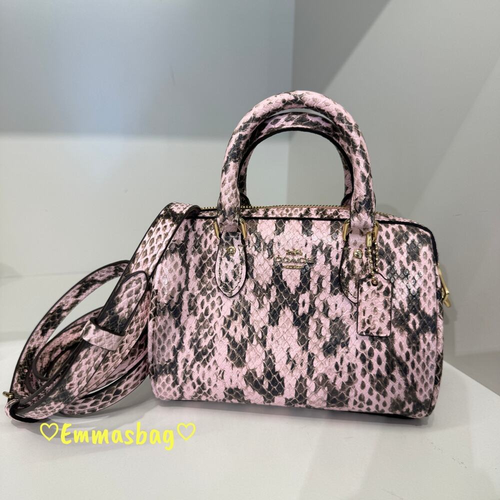 Coach Mini Rowan Crossbody Bag CDY32 snake embossed leather/Gold/Pink